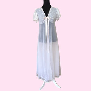 Vintage 60s 70s Lenora Sheer White Peignoir Embroidered Rose Accent Sz S